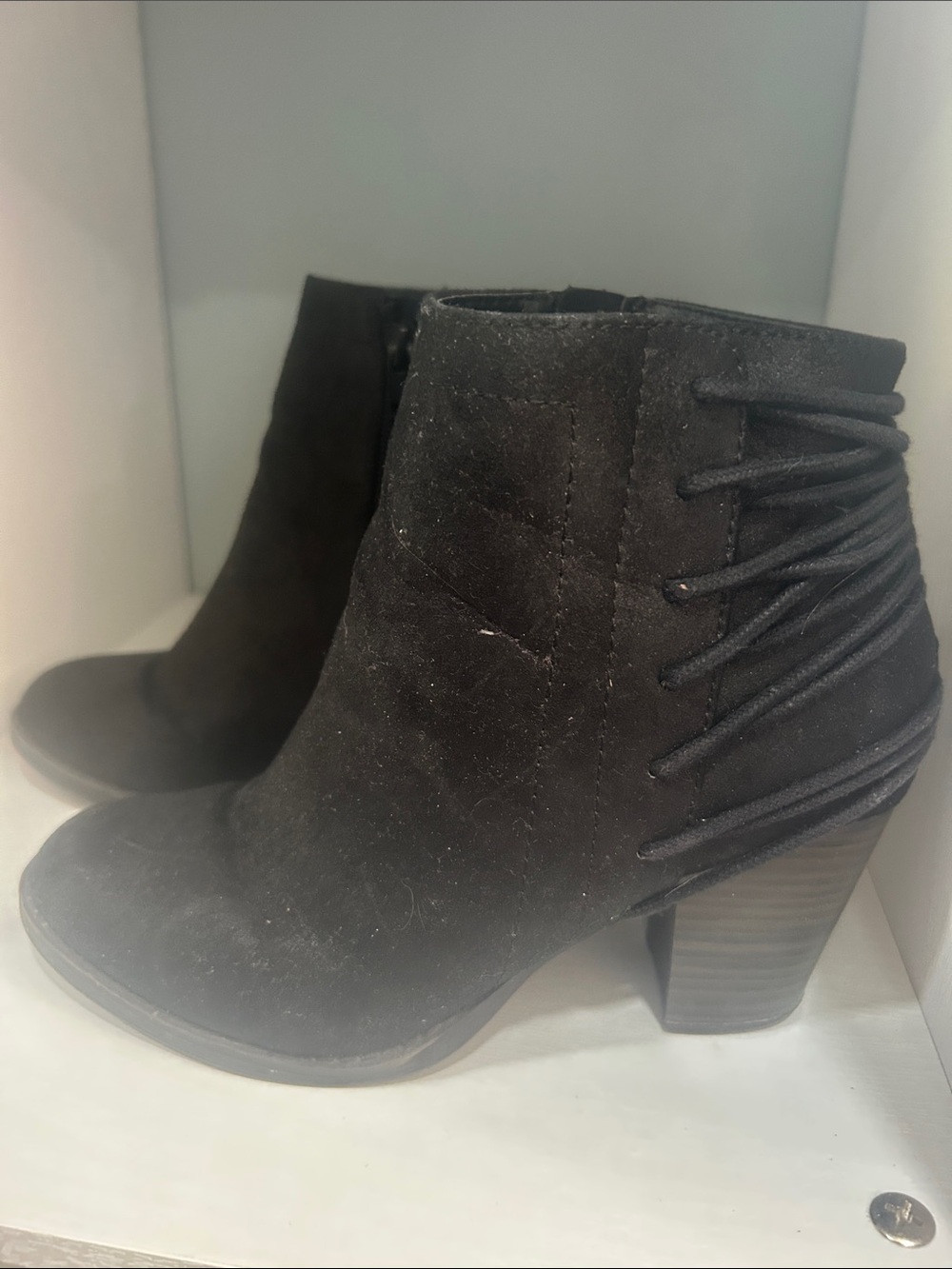 Candie's Black Suede Ankle Booties with Stacked Heel and Side Lace Detail